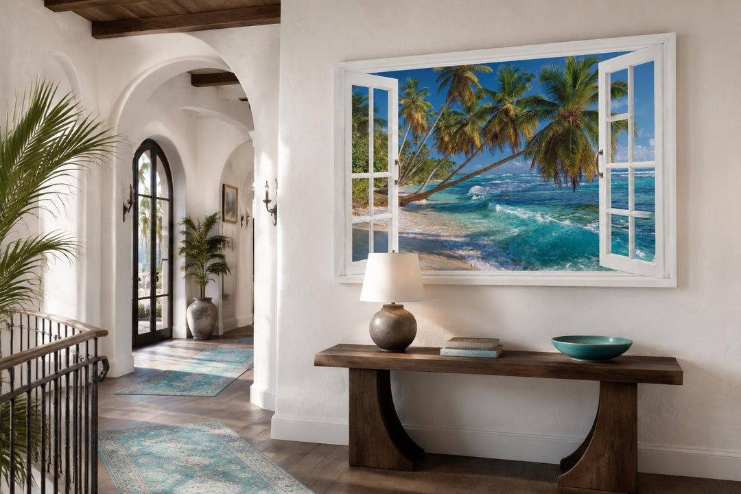 Window view canvas art of a tropical beach with palm trees and turquoise water on a white wall.