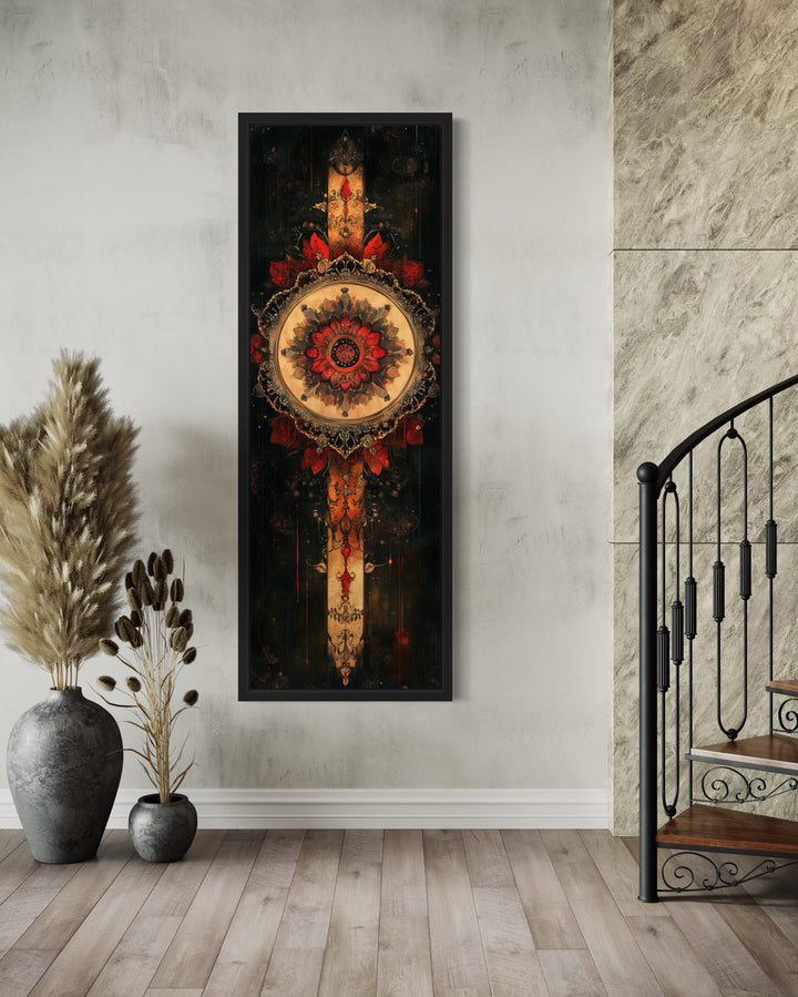 Vertical Narrow Black Beige Red Boho Tapestry Framed Canvas Wall Decor on narrow wall near stairs