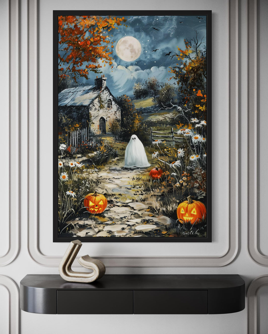 Spooky Ghost Decor with Full Moon And Pumpkin Path Halloween Canvas Wall Art