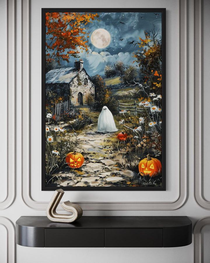 Spooky Ghost Decor with Full Moon And Pumpkin Path Halloween Canvas Wall Art