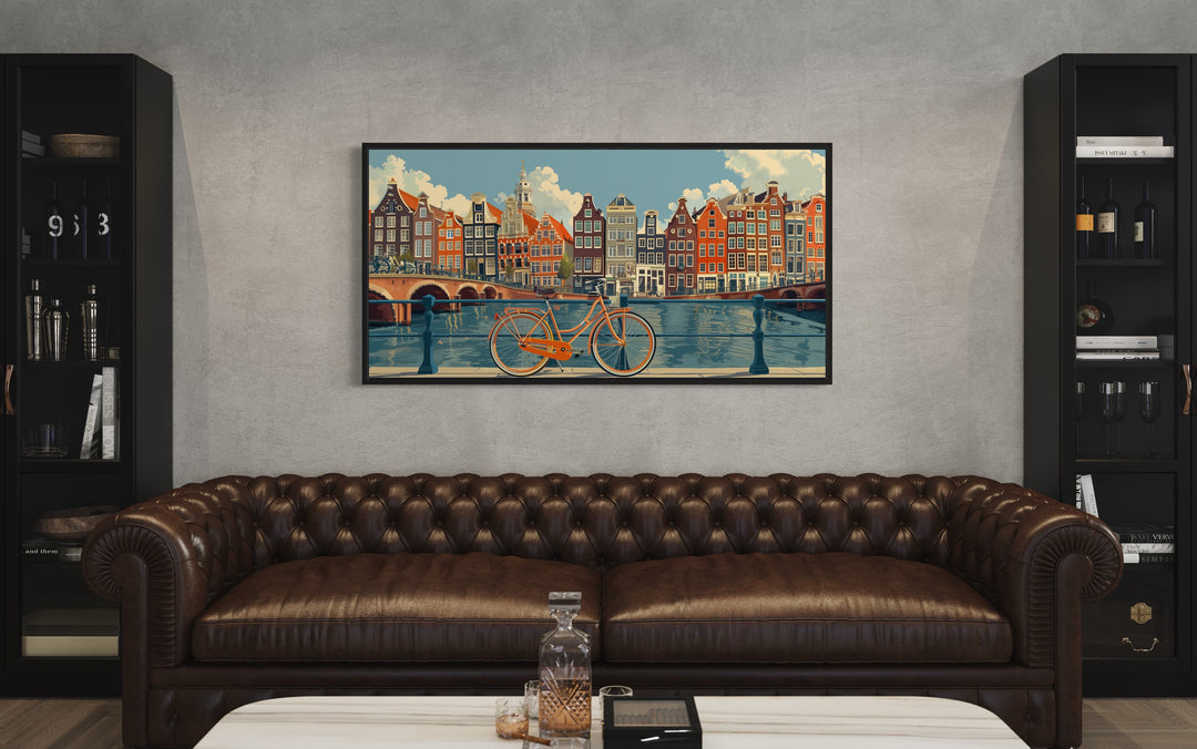 Amsterdam Canal And Bicycle Canvas Wall Art a living room with a couch