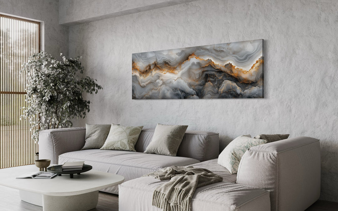 White Gold Black Marble Painting Long Narrow Canvas Wall Art above grey couch