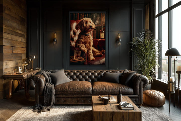 Red Brown  Goldendoodle Dog Drinking Whiskey and Smoking Cigar Canvas Wall Art