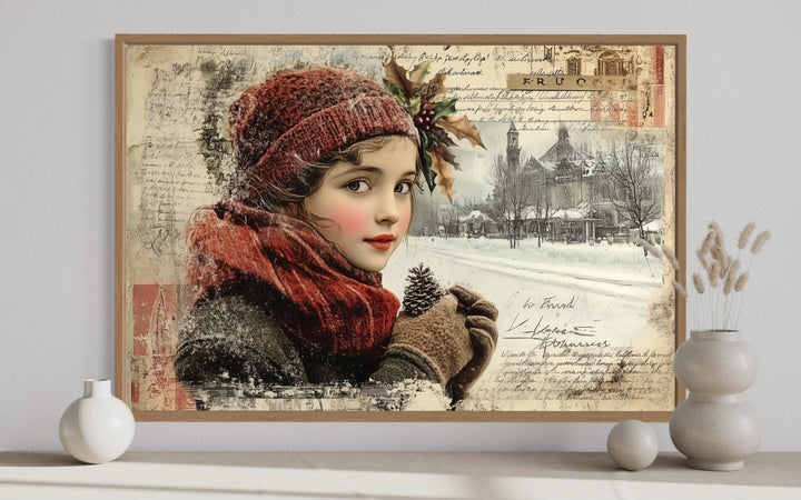Christmas Girl Vintage Postcard Style Framed Canvas Wall Art