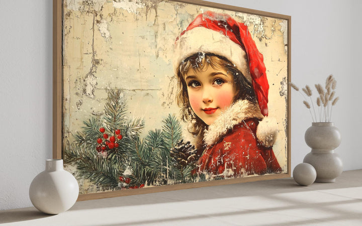 Vintage Christmas Girl in Red Santa Hat Canvas Wall Art