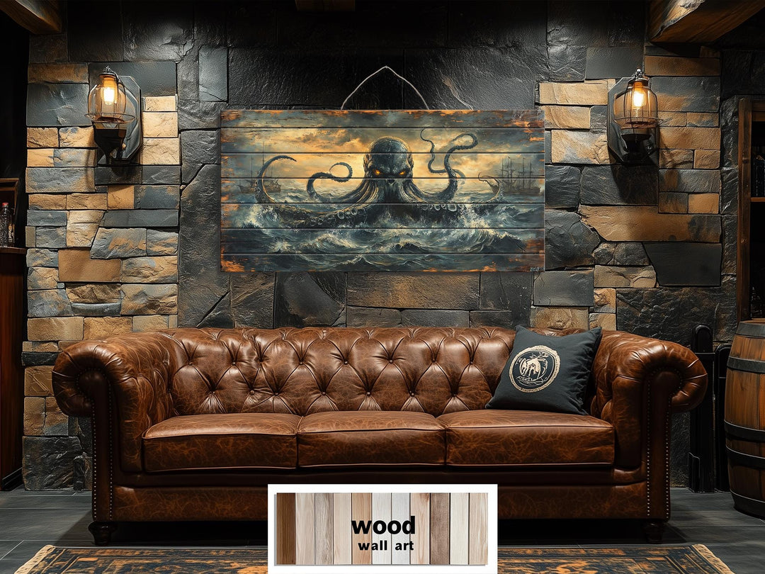 Kraken In Ocean Distressed Wood Wall Art
