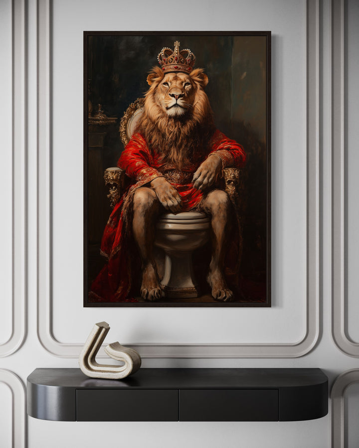 Royal Lion With Crown Sitting on Toilet Framed Canvas Wall Art close up