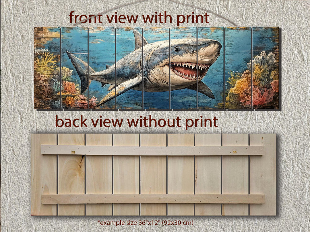 Front and back views of a Great White Shark printed on a multi-panel distressed wood wall art piece.