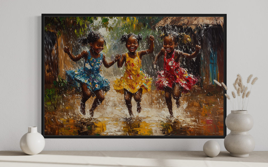 a painting of three african children playing in the rain