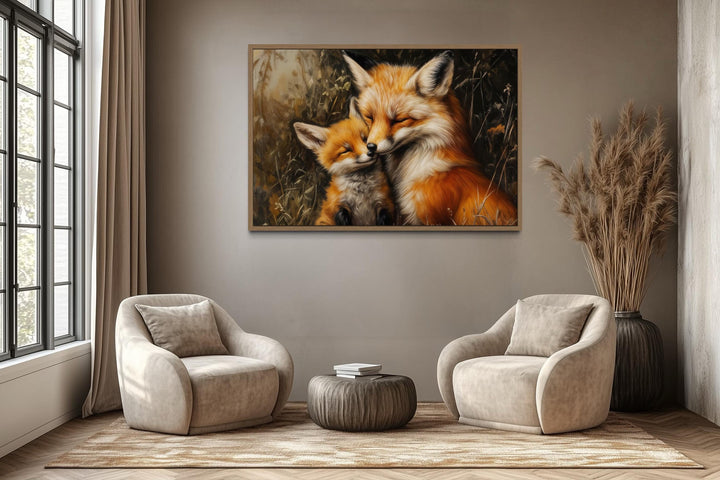 Fox Mama And Baby Hugging Framed Canvas Wall Art
