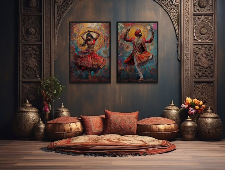 2 Piece Indian Man And Woman Dancing Framed Canvas Wall Art in an Indian living room with pillows