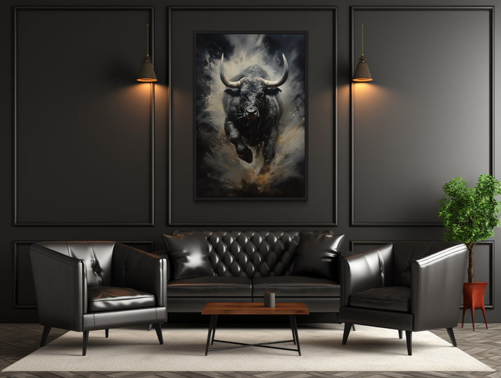 Black Charging Bull Abstract Framed Canvas Wall Art in a living room with a couch, chair