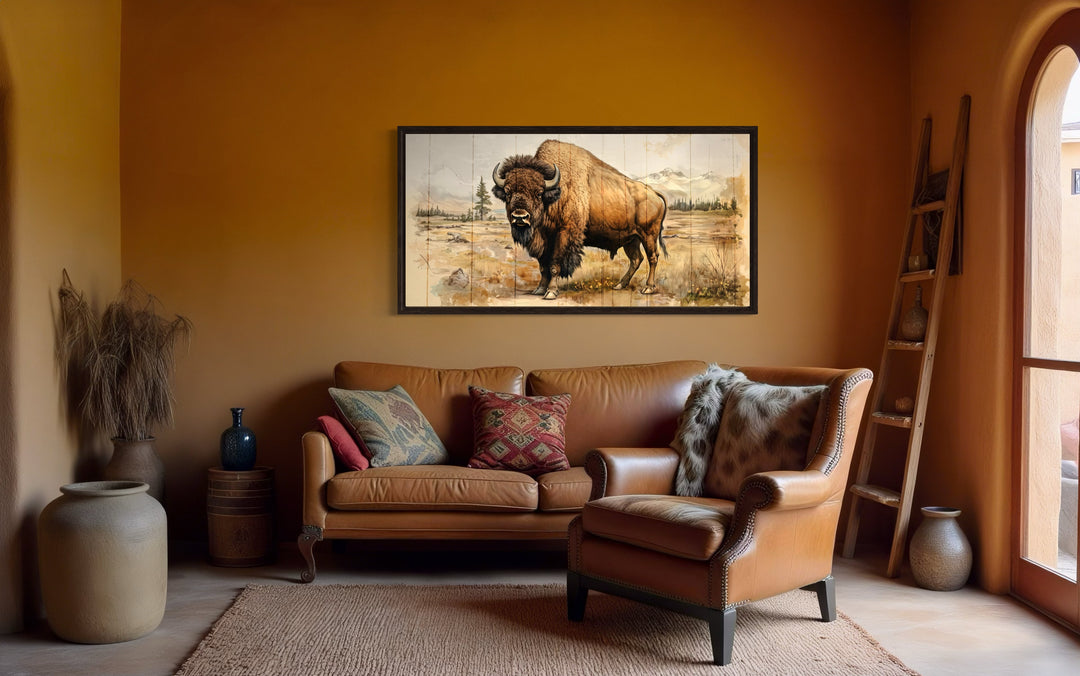 a living room filled with furniture and a painting on the wall