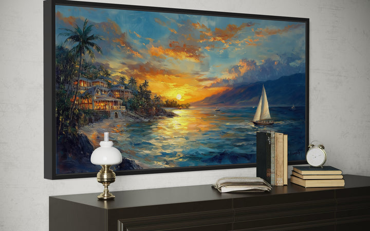 Jamaican Sunset Beach With Sailboat Framed Canvas Wall Art