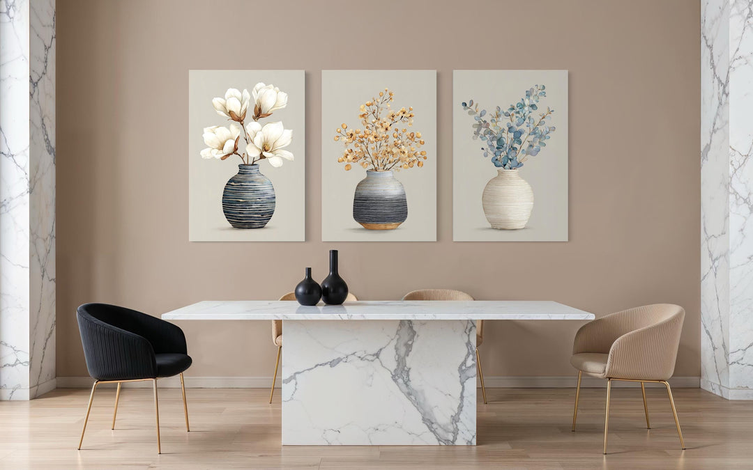 Dining Room Wall Art – Neutral Floral Canvas Set | Modern Minimalist Botanical Prints