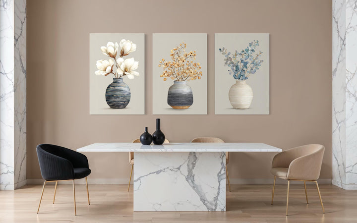 Dining Room Wall Art – Neutral Floral Canvas Set | Modern Minimalist Botanical Prints