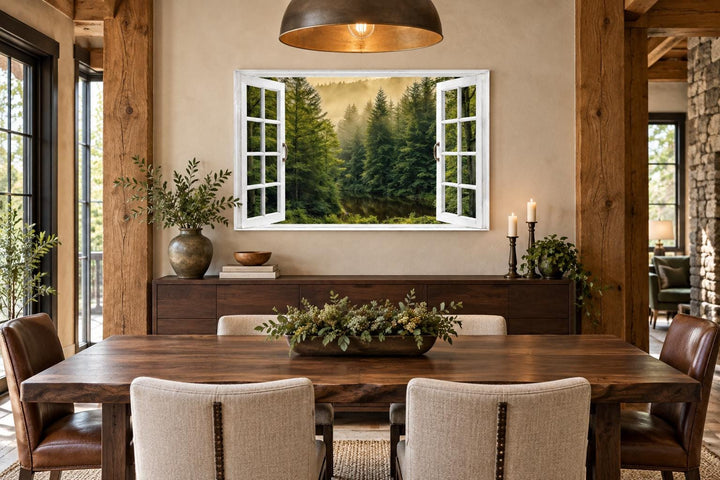 Fake window wall art showing a foggy pine tree forest over a dining room sideboard.