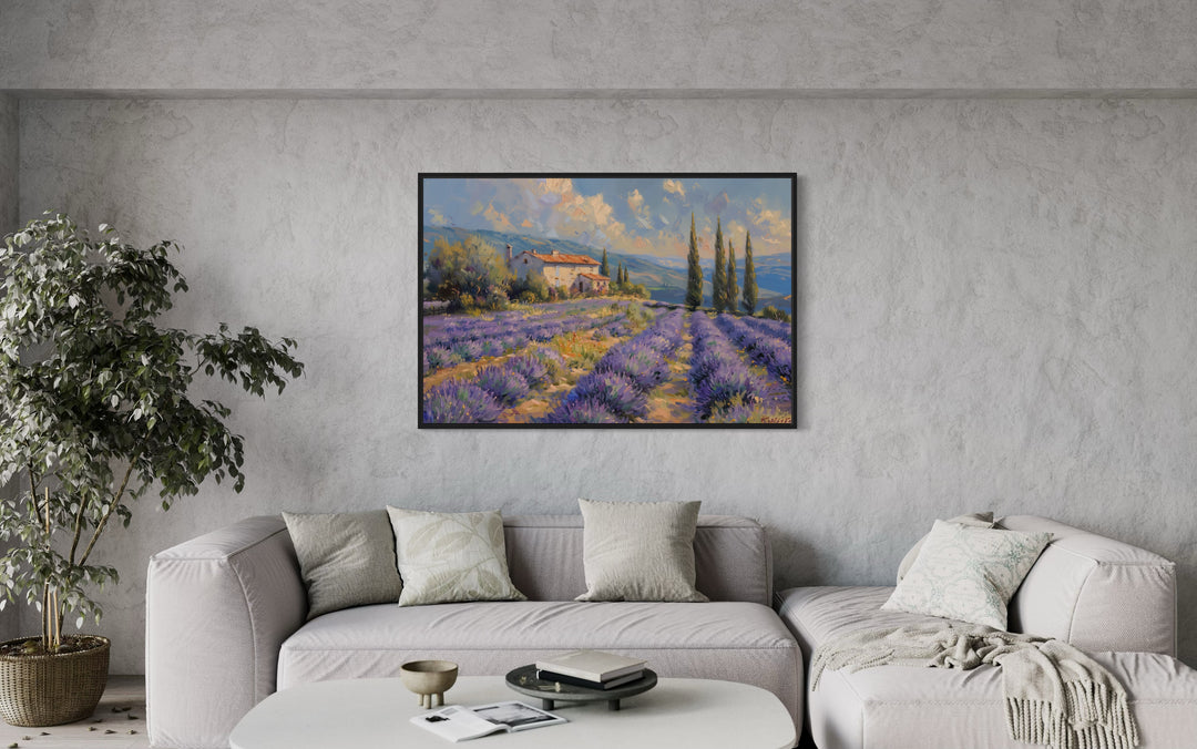 Lavender Fields of Provence France Framed Canvas Wall Art in living room