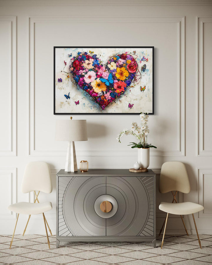 Pink Floral Heart With Butterflies Wall Art - Colorful Romantic Graffiti Canvas Print For Living Room Or Bedroom