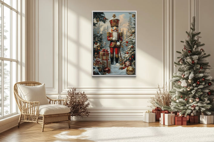 a christmas scene with a painting of a nutcracker