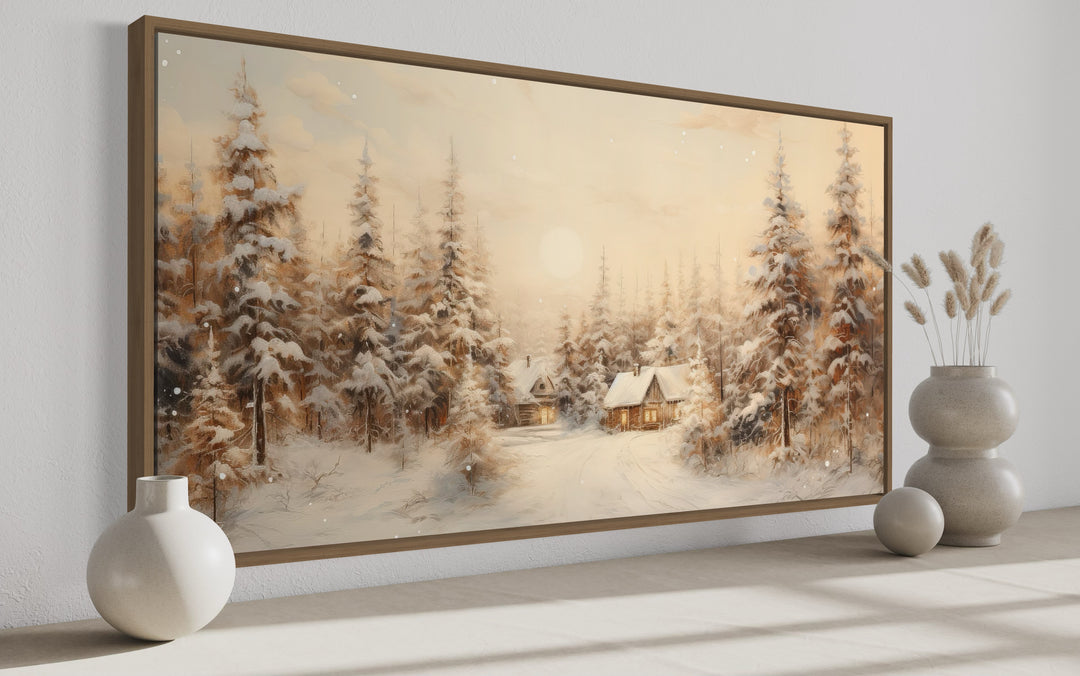 Christmas Village With Fir Trees Winter Framed Canvas Wall Art side view