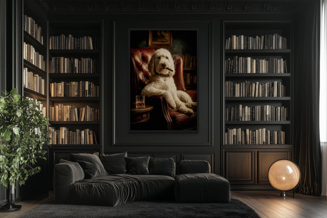 White Goldendoodle Dog Drinking Whiskey and Smoking Cigar Canvas Wall Art