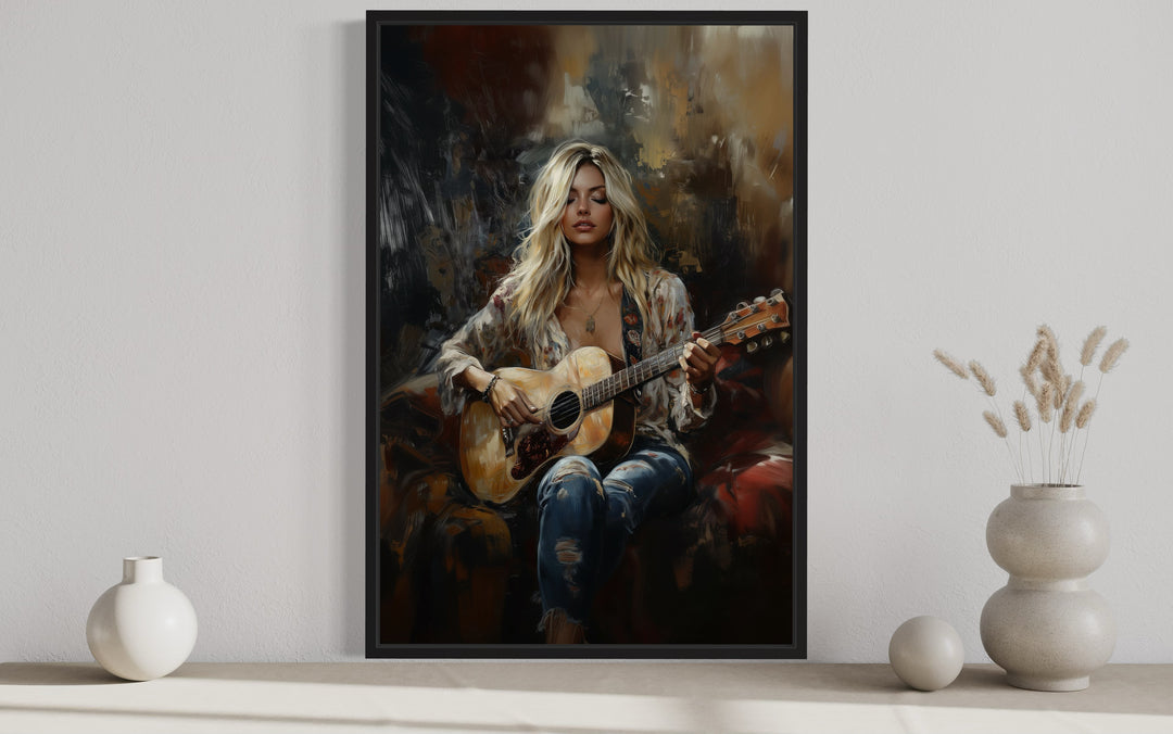 Beautiful Blonde Girl Playing Guitar Framed Canvas Wall Art close up