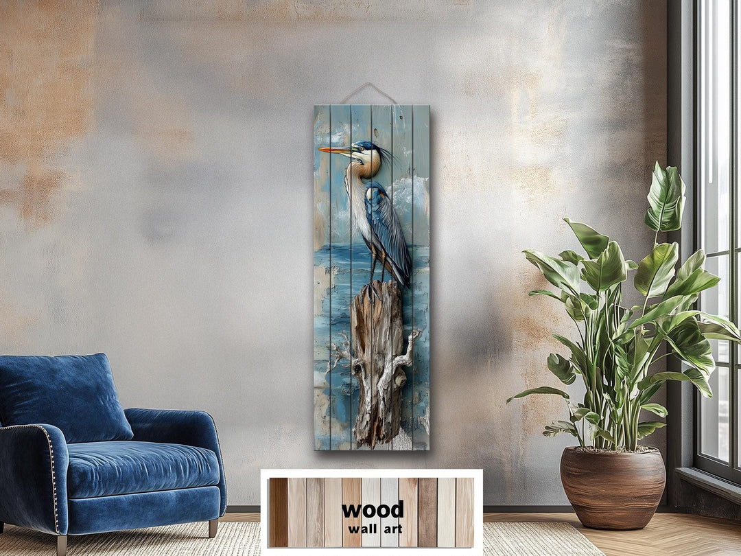 Vertical Blue Heron Wall Art - Distressed Wood Coastal Decor for Lake House
