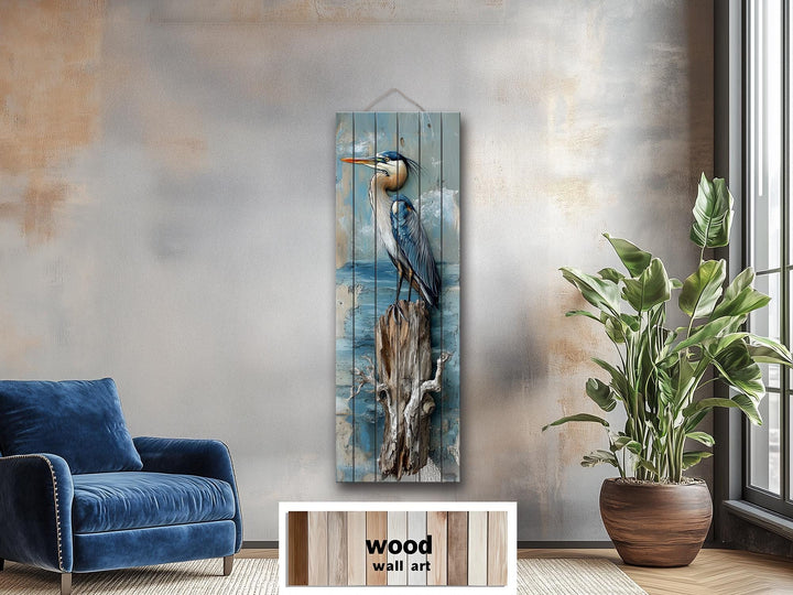 Vertical Blue Heron Wall Art - Distressed Wood Coastal Decor for Lake House