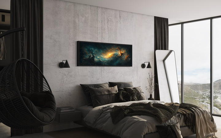 Cosmic Nebula Space Long Horizontal Canvas Wall Art in a bedroom with a large window and a hanging chair