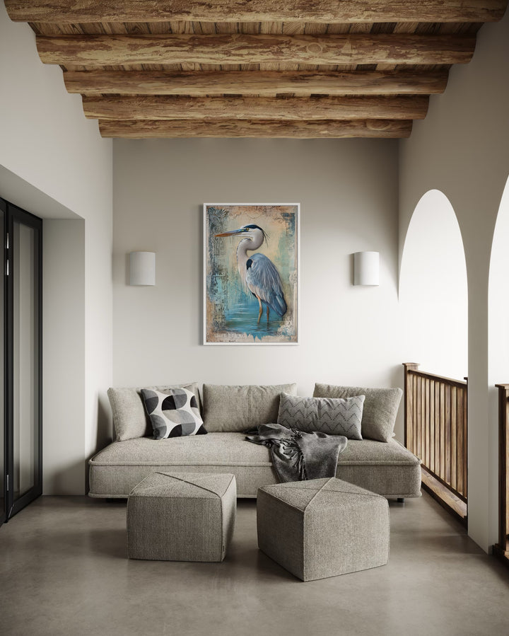 Blue Heron Wading In Water Rustic Coastal Framed Canvas Wall Art in living room