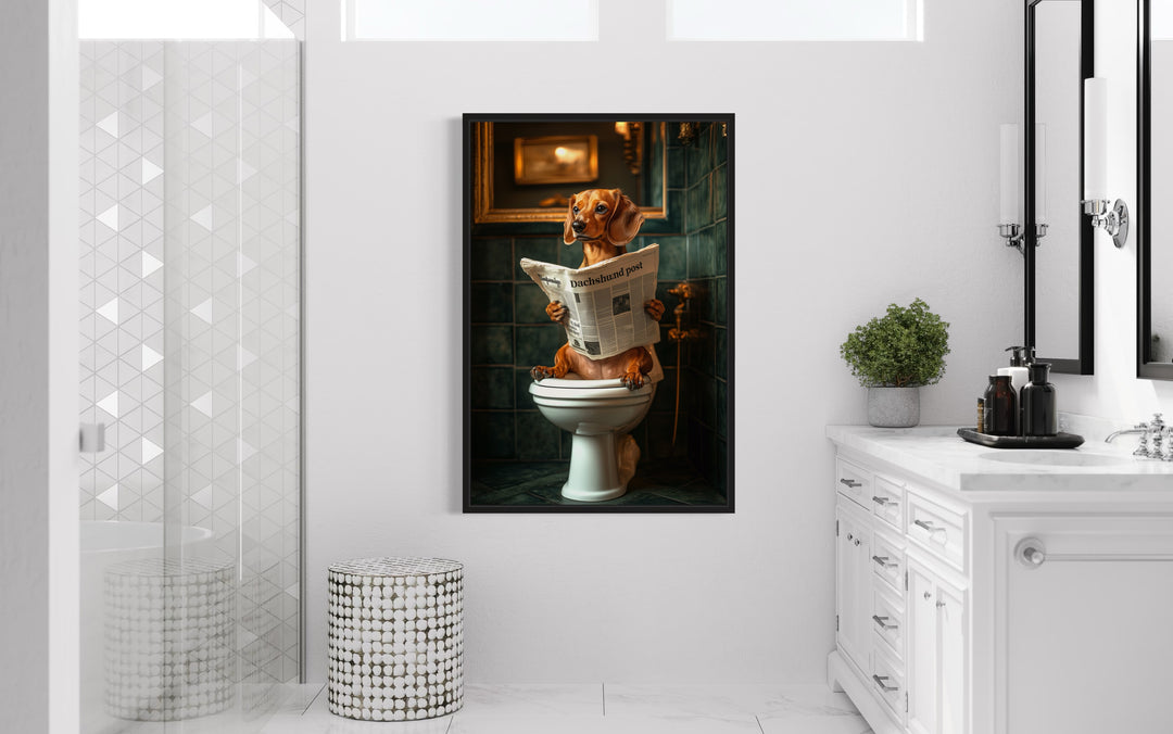 Red Dachshund On The Toilet Reading Newspaper canvas wall art in the bathroom