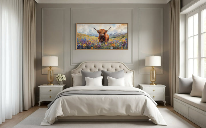 Highland Cow In Wildflower Field Framed Canvas Wall Art