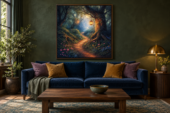 Enchanted forest canvas print in a walnut frame above a navy blue sofa in a dark green living room.