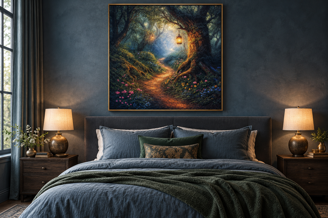Enchanted forest wall art in a gold frame above a bed in a dark blue bedroom with glowing lamps.