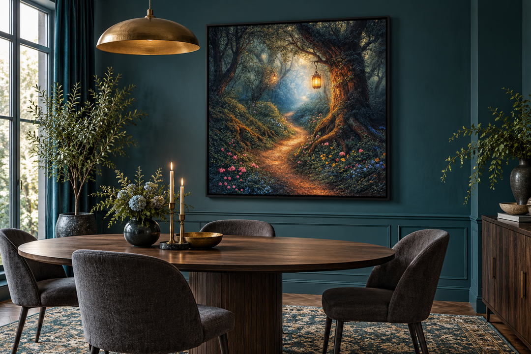 Enchanted forest canvas wall art in a black frame above a dining table in a dark teal room.