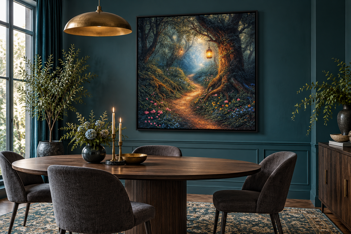 Enchanted forest canvas wall art in a black frame above a dining table in a dark teal room.