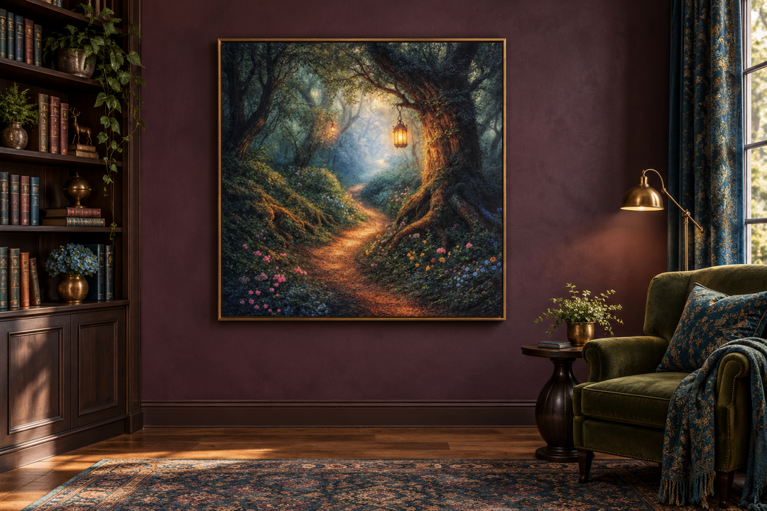Enchanted forest canvas print in a gold frame on a plum wall in a cozy library setting.
