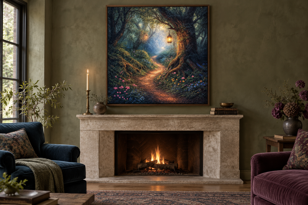 Enchanted forest canvas print in a walnut frame hanging above a stone fireplace in a cozy room.
