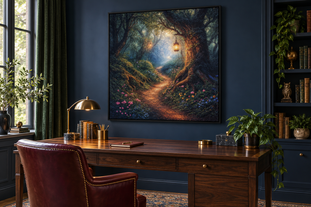 Enchanted forest canvas art in a black frame above a dark wood desk in a moody home office.