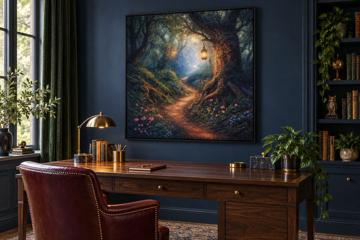 Enchanted forest canvas art in a black frame above a dark wood desk in a moody home office.