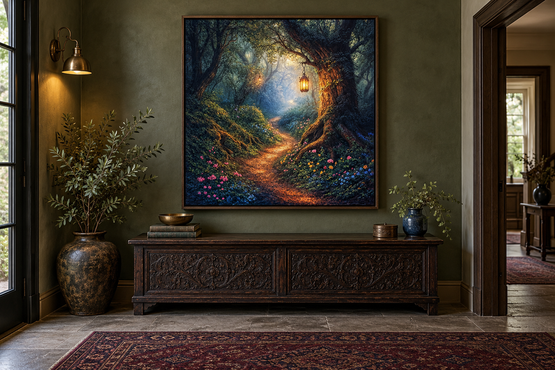 Enchanted forest canvas art in a dark wood frame above a carved wooden chest in a green-walled room.