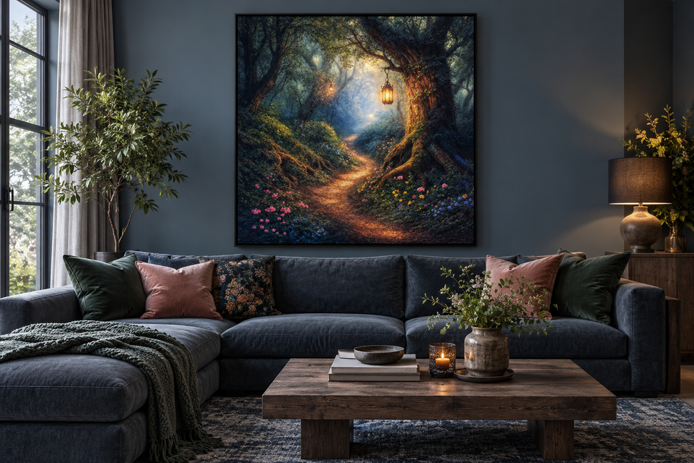 Enchanted forest canvas wall art featuring a glowing woodland path above a dark blue sectional sofa.