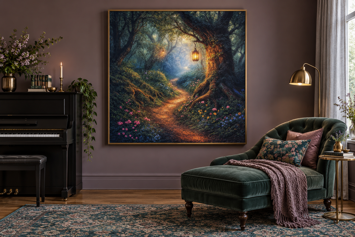 Enchanted forest canvas print in a gold frame above a green chaise lounge in a moody reading room.