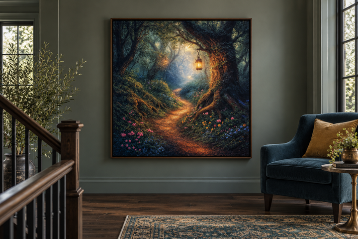 Enchanted forest canvas wall art in a walnut frame on a sage green wall in a cozy living room.