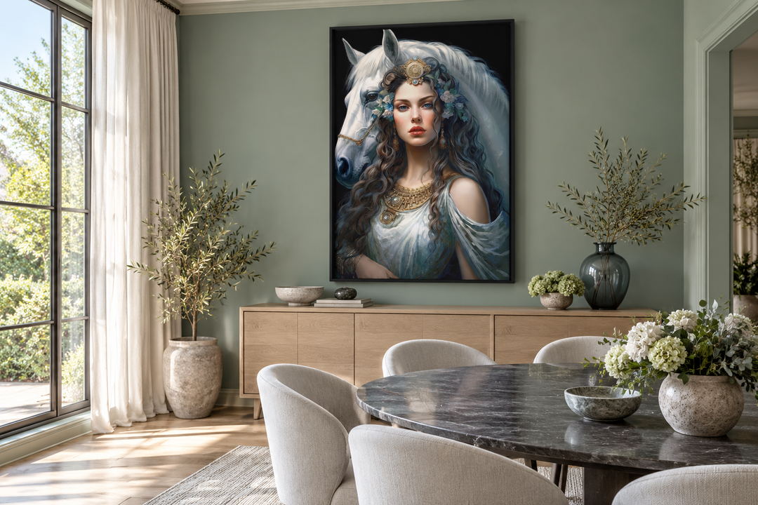 Epona Celtic Goddess of Horses framed canvas wall art in a modern dining room with green walls.