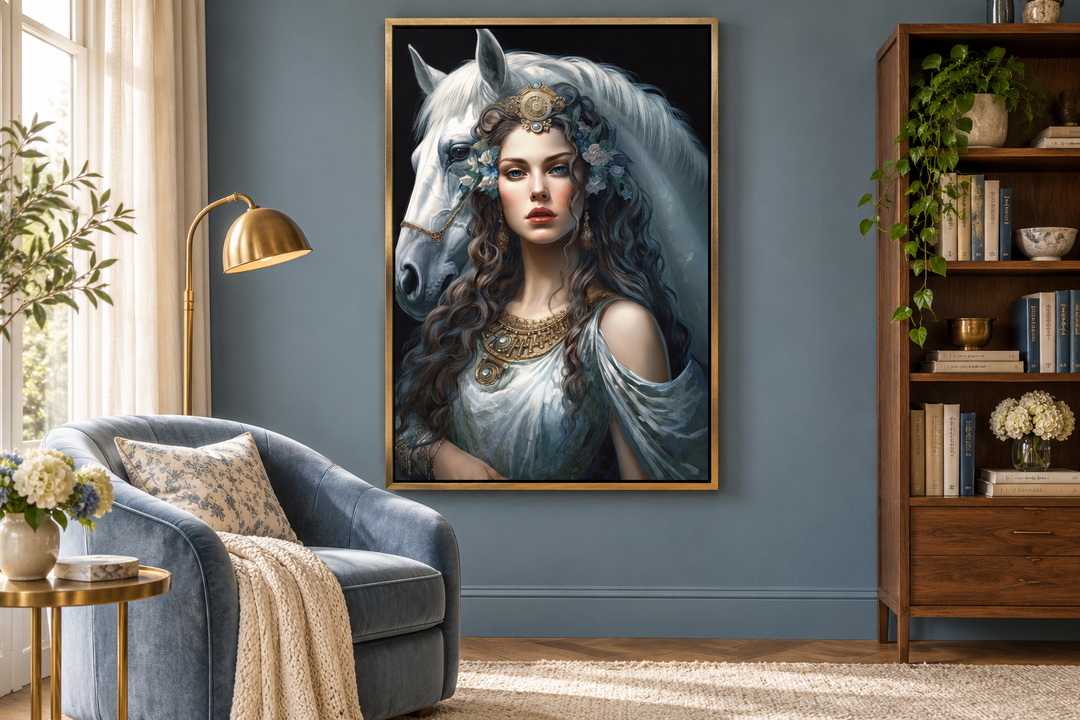Framed canvas wall art of Epona, Celtic Goddess of horses, in a blue-walled reading room.