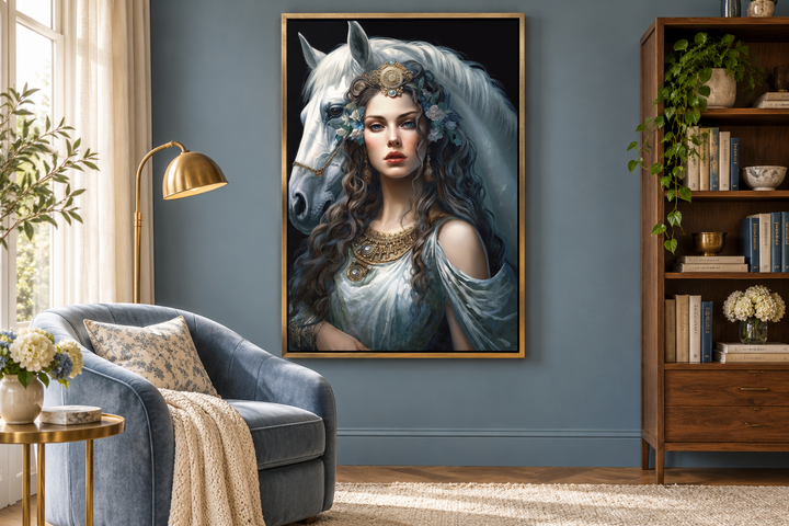 Framed canvas wall art of Epona, Celtic Goddess of horses, in a blue-walled reading room.