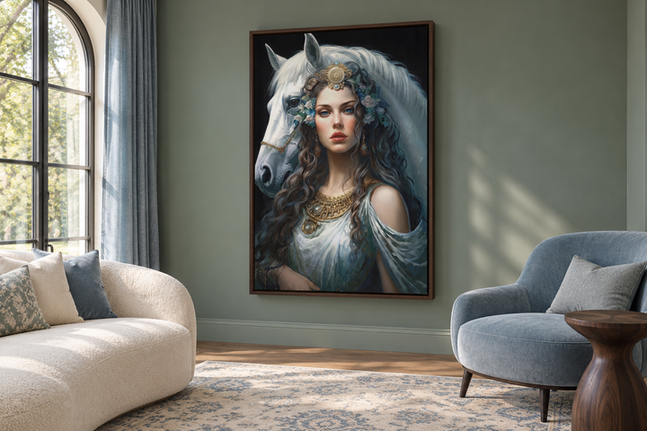 Framed canvas wall art of Epona Celtic Goddess with a white horse in a green living room.