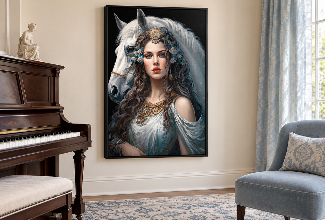 Framed canvas wall art of Epona, Celtic Goddess of horses, in a classic music room setting.